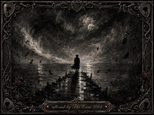 A solitary figure stands at the end of a rain-darkened pier beneath a turbulent charcoal sky, facing a cold, reflective sea. Deep blacks, smoky grays, pale highlights, drifting feathers, and muted red roses create a mournful gothic mood. An ornate metal frame of filigree, guitar strings, and gold accents surrounds the scene.