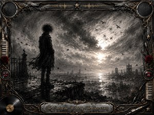 A solitary dark figure stands on a shattered shoreline, facing a storm-torn sea and distant ruined city beneath swirling charcoal clouds. Pale horizon light reflects across turbulent water as birds and debris drift overhead. An ornate black, chrome, and gold musical frame, accented with red roses, lips, piano keys, and vinyl, completes the gothic composition.