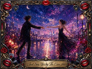 A couple reaches toward each other across a rain-slicked rooftop overlooking a glowing nighttime city. Deep blues, violets, magentas, and warm gold reflections create a romantic, hopeful mood. Painterly textures, candles, roses, stars, and shimmering lights surround them, framed by ornate chrome, gold filigree, red lips, guitar picks, and musical details.