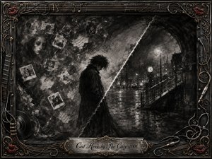 A solitary dark-coated figure stands beneath a rain-soaked urban arch, divided from drifting memories by a sharp diagonal streak of light. Deep charcoal textures, ghostly photographs, smoky faces, and reflective pavement create a melancholic atmosphere. An ornate metallic frame of guitar strings, gold filigree, red lips, and cables surrounds the scene.