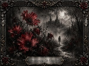 Blood-red flowers bloom against a misty charcoal nightscape, where a solitary figure follows a winding path toward distant gothic towers beneath a pale moon. Deep blacks, smoky grays, and crimson accents create a mournful, romantic atmosphere. An ornate metal frame of roses, guitar strings, gold filigree, and engraved title plate completes the haunting composition.