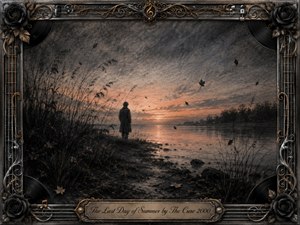 A solitary figure stands beside a quiet lakeshore at sunset, surrounded by dark reeds, drifting leaves, and reflective water. Warm peach light fades into smoky charcoal skies, creating a wistful, autumnal mood. Deep feathered charcoal textures dominate, framed by ornate chrome, gold filigree, black roses, musical strings, vinyl motifs, and an engraved title plate.
