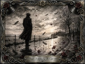 A solitary figure in a long dark coat stands on a rain-slick seaside promenade beneath a stormy sky, watching pale light break across the horizon. Deep feathered charcoal textures create a wistful, gothic mood, while crimson roses, drifting feathers, chrome-and-gold musical ornamentation, and an engraved title plate complete the ornate composition.