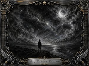 A solitary figure stands on a dark shoreline beneath a vast charcoal cosmos, surrounded by swirling clouds, stars, and a luminous moon. Silvery grays and deep blacks create a melancholic, dreamlike atmosphere. An ornate chrome-and-gold musical frame, detailed with strings, speakers, roses, wings, and engraved title plate, completes the composition.