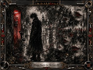 A lone dark figure stands beside a glowing red telephone booth on a rain-soaked city street, surrounded by tangled cords, ghostly faces, red lips, and fractured sound waves. Deep charcoal textures, silver highlights, crimson accents, and ornate gold detailing create a tense, surreal gothic atmosphere within an elaborate music-themed metallic frame.