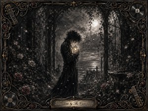 A solitary dark figure cradles a softly glowing treasure within a ruined, moonlit garden overlooking the sea. Deep charcoal textures, drifting petals, tangled roses, and mist create a haunting, romantic melancholy. Pale silver light contrasts with subtle gold and red accents, while an ornate music-inspired frame completes the gothic composition.