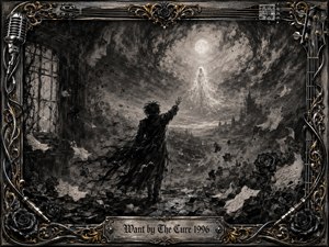 A solitary figure reaches toward a luminous apparition beneath a pale moon, surrounded by ruined walls, drifting papers, roses, and stormy charcoal haze. Deep blacks, smoky grays, and soft white highlights create a gothic, yearning atmosphere. An ornate chrome-and-gold musical frame encircles the scene, with an engraved title plate below.