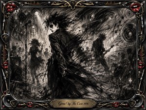 A ghostly figure twists through a chaotic charcoal concert scene, dissolving into sweeping black strokes amid musicians, microphones, speakers, and smoky stage light. Deep blacks, silvery grays, and pale highlights create restless motion and gothic intensity, while an ornate chrome-and-gold musical frame, bright red lips, and engraved title plate add theatrical detail.