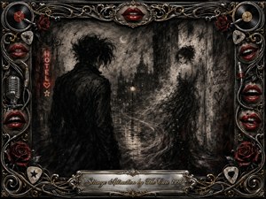 A shadowy figure faces a ghostlike woman along a rain-slicked gothic street, surrounded by smoky charcoal textures and dreamlike mist. Deep blacks, silver grays, crimson accents, and warm gold highlights create a seductive, uneasy mood. An ornate rock-inspired frame of roses, lips, cables, records, and filigree completes the composition.