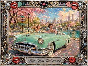 A mint-green vintage convertible sweeps through a sunlit, blossom-filled city park, carrying two carefree figures beneath a bright blue sky. Vibrant acrylic textures, pastel pinks, turquoise, gold, and chrome create a joyful retro mood. An ornate music-themed frame surrounds the scene, with red lips, records, microphones, and an engraved title plate.