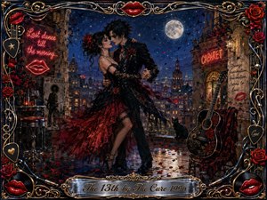 A gothic couple dances closely on a moonlit rooftop overlooking a glowing old-world city, surrounded by roses, neon signs, scattered petals, and musical details. Deep blues, crimson reds, black, chrome, and gold create a seductive cabaret mood, while ornate lips, guitar motifs, and gilded framing heighten the theatrical romance.