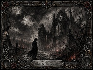 A solitary dark figure stands before shattered Gothic cathedral ruins beneath a turbulent moonlit sky, surrounded by drifting smoke, ash, and glowing embers. Deep charcoal blacks and silvery grays create a mournful, cinematic atmosphere, while muted reds accent roses and fire. An ornate metallic music-themed frame completes the brooding composition.