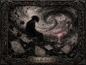 A solitary dark-clad figure sits amid ruined roses and scattered papers beneath a vast charcoal storm spiraling over a desolate shoreline. Muted blacks, grays, bruised purple, and faint red light create a mournful atmosphere. Ornate gothic metalwork, guitar details, barbed wire, and red lips frame the haunting, textured composition.