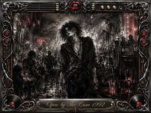 A solitary, gothic figure slumps amid a smoky nightclub, surrounded by blurred crowds, microphones, instruments, and glowing glasses. Deep charcoal textures, silvery grays, and restrained crimson highlights create a restless, haunted mood. Dramatic backlighting and smeared shadows intensify the dreamlike scene, enclosed by an ornate chrome-and-gold music-themed frame.