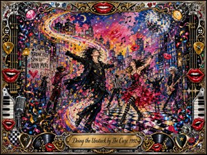 A jubilant city dance scene bursts with motion as black-clad figures spin beneath a colorful night sky filled with confetti, streamers, music notes, and glowing lights. Hot pink, red, gold, blue, and chrome accents energize the expressive mixed-media painting, while an ornate musical frame and engraved title plate complete the celebratory composition.
