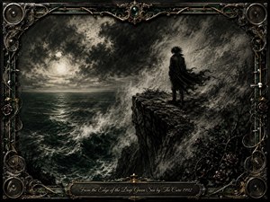 A solitary figure stands on a jagged cliff above a turbulent deep green sea, surrounded by wind, mist, and brooding moonlit clouds. Deep charcoal blacks, smoky grays, muted greens, and metallic gold accents create a gothic, romantic atmosphere. An ornate music-inspired frame of strings, speakers, roses, and filigree completes the dramatic composition.