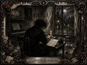 A solitary figure sits hunched over a handwritten letter in a rain-darkened room, surrounded by an old piano, scattered papers, candles, roses, and shadowed instruments. Deep charcoal blacks, sepia grays, and muted crimson create a mournful gothic mood, while ornate metallic filigree and music motifs frame the intimate scene.