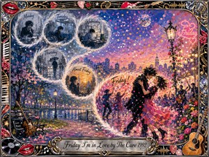 A romantic couple dances beneath glowing streetlights as feathered bubbles curve through the week toward a radiant Friday celebration. Cool blues and grays gradually bloom into vivid pinks, golds, and lavender. Painterly gouache textures, confetti, flowers, musical symbols, guitars, and ornate chrome-and-gold framing create a joyful, nostalgic atmosphere.