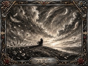 A windswept couple embraces on a shadowed hill beneath a vast luminous sky of swirling clouds, stars, feathers, petals, and flowing musical notes. Deep charcoal textures create a romantic, dreamlike mood, accented by silver, gold, and crimson. An ornate music-inspired frame surrounds the scene, with the engraved title plate below.
