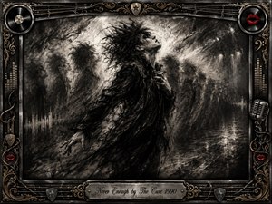 A solitary figure arches through a storm of feathered charcoal, surrounded by ghostly silhouettes and smoky stage-like shadows. Stark blacks, silvery grays, and torn white light create restless intensity, while an ornate chrome-and-gold musical frame, red lips, vinyl details, guitar strings, microphone, and engraved title plate complete the dramatic gothic composition.