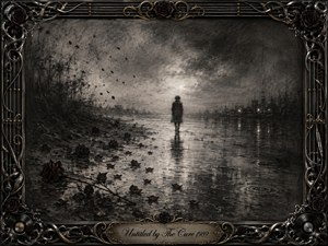 A solitary figure walks across a rain-soaked shoreline beneath a stormy charcoal sky, surrounded by scattered dark roses and fading reflections. Silvery grays, deep blacks, muted reds, and antique gold create a mournful atmosphere. Feathered charcoal textures, misty light, rippling water, and an ornate gothic musical frame emphasize loneliness and farewell.