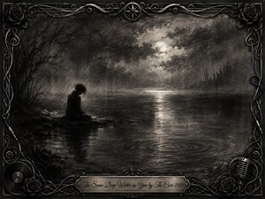 A solitary figure sits beside a vast moonlit lake beneath storm-heavy skies, surrounded by mist, distant rain, and shimmering reflections. Deep charcoal blacks, smoky grays, and silver highlights create a mournful gothic atmosphere. Feathered textures soften the landscape, while an ornate music-inspired metal frame, roses, cables, record, microphone, and engraved title plate complete the composition.