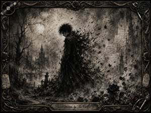 A solitary dark figure dissolves into ash and wind across a ruined moonlit landscape of gothic towers, bare trees, drifting petals, and broken stone. Deep charcoal grays, black roses, and smoky silver light create a mournful atmosphere. An ornate metallic frame of cables, records, roses, and gold filigree surrounds the haunting composition.
