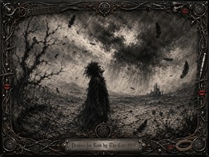 A solitary dark figure stands on cracked earth beneath a turbulent charcoal sky, gazing upward as feathers drift through the wind. Skeletal trees and distant ruins deepen the desolate, yearning mood. Rich blacks, smoky grays, and pale highlights create dramatic contrast, surrounded by an ornate gothic metal-and-gold musical frame.