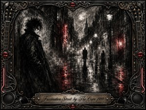 A gothic charcoal city street stretches into rain and mist, its wet pavement reflecting pale lamps and crimson neon. A solitary dark figure dominates the left foreground, while distant silhouettes recede toward spires and moonlight. Ornate black, chrome, and gold rock-inspired framing with red lips, guitar-string details, speakers, and an engraved title plate completes the brooding composition.