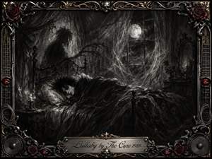 A sleeping figure lies beneath heavy blankets in a moonlit gothic bedroom, surrounded by web-like curtains, twisting shadows, and a looming spectral presence. Deep charcoal blacks, smoky grays, and pale silver highlights create an eerie dreamlike atmosphere. An ornate frame of roses, skulls, guitar details, red lips, and gold filigree surrounds the scene.