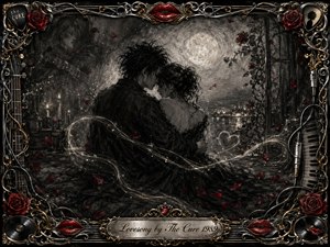 A gothic charcoal scene shows two lovers embracing beneath a luminous moon, surrounded by drifting crimson rose petals and delicate ribbons of glowing music. Deep blacks, silver-gray textures, muted gold, and red accents create a tender, melancholic mood. An ornate musical frame of roses, chrome, strings, records, and filigree completes the composition.