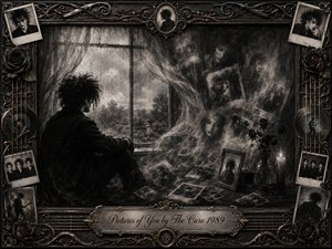 A solitary figure sits beside a rain-streaked window, surrounded by drifting photographs and ghostlike memories dissolving into smoky charcoal shadows. Deep blacks, silver-gray highlights, wilted roses, candlelight, and antique portraits create a mournful gothic atmosphere. Ornate metalwork, guitar strings, record motifs, and engraved lettering complete the richly detailed frame.