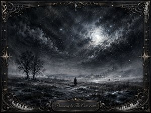 A solitary figure crosses a frozen moonlit plain beneath a vast, stormy sky filled with drifting snow and stars. Deep charcoal textures, silver highlights, and smoky blue-gray shadows create a mournful, dreamlike atmosphere. An ornate gothic frame of piano keys, strings, filigree, and metallic details surrounds the haunting scene.
