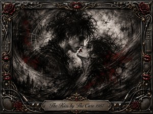 Two pale, shadowed figures lean toward an intimate near-kiss within a storm of feathered charcoal, smoky black strokes, and crimson accents. Dramatic low lighting heightens the gothic romantic tension. An ornate chrome-and-gold frame of roses, red lips, guitar strings, cables, studs, and musical hardware surrounds the expressive composition.