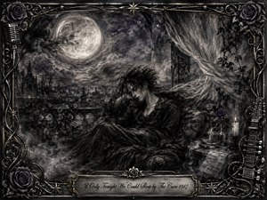 A solitary figure rests dreamily on a moonlit gothic balcony, surrounded by drifting mist, billowing curtains, roses, candles, and distant spires. Deep charcoal blacks and silvery grays create a haunting, romantic calm. An ornate metallic frame of guitars, stars, roses, and filigree encloses the richly textured nocturnal scene.