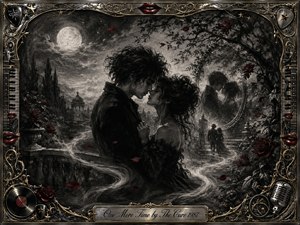 A moonlit gothic garden frames an intimate couple poised near a kiss, surrounded by drifting mist, roses, and ghostly reflections suggesting memory and repetition. Deep charcoal blacks and silvery grays contrast with restrained crimson accents. An ornate chrome-and-gold musical frame, vintage microphone, vinyl record, and engraved title plate complete the romantic composition.