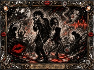 A feverish charcoal concert scene erupts around a wild-haired singer and ecstatic dancer, surrounded by musicians, raised hands, smoke, and a glowing checkerboard floor. Deep blacks and silvery grays clash with vivid crimson lips, sparks, and sound waves, while dramatic spotlights and an ornate gold-and-chrome musical frame amplify the theatrical energy.