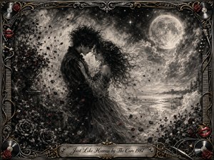 A windswept couple embraces beneath a glowing full moon beside a misty shoreline, surrounded by swirling roses, petals, stars, and shadowy garden ruins. Deep feathered charcoal textures create a romantic, gothic dreamscape, accented with muted reds and silver light. An ornate musical frame and engraved title plate complete the nostalgic composition.