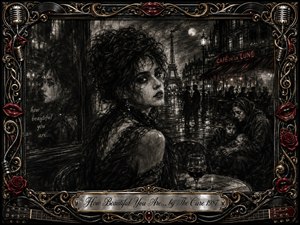 A haunted woman turns toward the viewer in a rain-soaked Paris night, framed by shadowed streets, cafe lights, and a struggling family nearby. Deep charcoal textures, smoky blacks, silver-gray highlights, and crimson accents create a melancholic gothic mood. Ornate gold, chrome, roses, lips, microphones, and guitar details surround the scene.