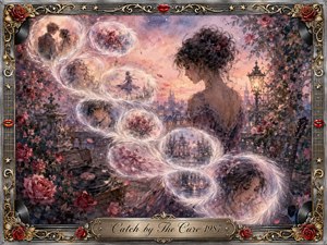 A dreamy watercolor scene shows a wistful young woman on a rose-covered terrace at sunset, surrounded by glowing feather-edged memory bubbles flowing in an elegant S-curve. Soft pinks, lavender, blue, and gold create a nostalgic romantic mood, while roses, vinyl records, musical details, and an ornate metallic frame enrich the composition.