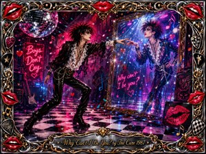 A flamboyant new-wave figure reaches toward a glamorous mirror image across a neon-lit checkerboard dance floor, capturing playful longing and identity. Hot pink, crimson, electric blue, chrome, and gold glow beneath disco lights. An ornate music-themed frame of red lips, guitar picks, stars, and filigree completes the exuberant 1980s fantasy.