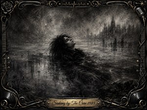 A solitary figure drifts half-submerged in dark, rain-streaked water beneath a misty gothic skyline, creating a haunting sense of resignation and emotional descent. Deep charcoal textures, smoky grays, pale highlights, and blurred reflections intensify the melancholy. An ornate black-and-gold musical frame surrounds the scene, finished with records, cables, filigree, and an engraved title plate.