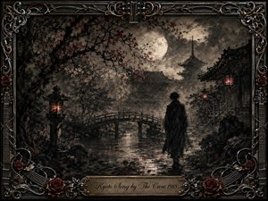 A solitary figure wanders through a moonlit Kyoto temple garden, framed by mist, an arched bridge, glowing lanterns, and distant pagodas. Deep charcoal textures and smoky grays create a haunting, dreamlike mood, while restrained crimson petals and lights add warmth. Ornate metallic musical motifs, roses, and gold inlay surround the scene.