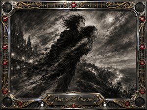 Two windblown figures surge together through a stormy moonlit landscape, rendered in deep, feathered charcoal with smoky textures and sweeping motion. Distant gothic city lights and a rugged coastline heighten the romantic, urgent mood. An ornate chrome-and-gold musical frame features red lips, guitar-string details, speakers, and an engraved title plate.