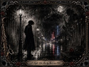 A solitary dark figure stands beneath old streetlamps on a rain-soaked city street, surrounded by drifting mist, reflected neon, and ghostly musical notes. Deep charcoal textures create a romantic, melancholic atmosphere, accented by muted red, blue, silver, and gold. An ornate instrument-themed frame, roses, saxophone details, and engraved title plate complete the gothic composition.