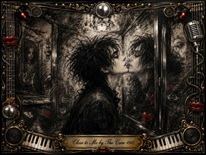 A pale, androgynous figure leans intimately toward a ghostly reflection inside a cramped, shadowed room, creating a mood of longing, tension, and dreamlike romance. Deep feathered charcoal textures dominate, accented by crimson lips, hearts, gold, and chrome. An ornate musical frame surrounds the scene with microphones, piano keys, speakers, strings, and disco-ball details.