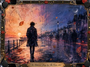 A solitary figure walks along a rain-slick seaside promenade where golden sunset fades into violet-blue night. Ghostly pedestrians, drifting autumn leaves, luminous streetlights, and faint clock imagery suggest memory and passing time. Painterly textures, warm reflections, and cool shadows create wistful romance, enclosed by an ornate chrome-and-gold musical frame.