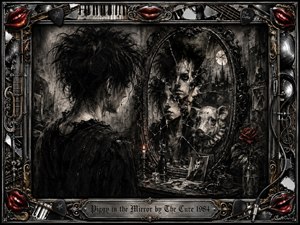 A solitary gothic figure confronts a fractured mirror in a shadowy room, where distorted faces and a spectral pig emerge from the broken reflection. Deep charcoal blacks, smoky grays, silver highlights, and restrained crimson accents create a brooding mood. An ornate musical frame of chrome, gold filigree, lips, strings, records, and piano keys completes the surreal composition.