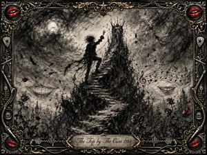 A lone dark figure climbs a crumbling stairway toward a jagged crown-like summit beneath a turbulent charcoal sky. Ghostly smiles, drifting petals, musical notes, roses, and tangled lines deepen the surreal, restless mood. An ornate chrome-and-gold frame with red lips, chains, cables, and sound-wave details surrounds the monochrome scene.