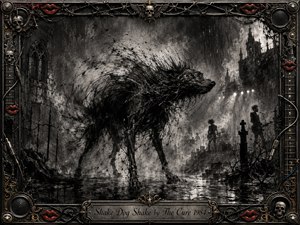 A gaunt black hound shakes violently in a rain-soaked gothic courtyard, dissolving into sweeping charcoal splinters and smoky motion. Stark grayscale tones, wet reflections, fog, and distant stage lights create a feral post-punk mood. An ornate metal frame of skulls, cables, red lips, and gold filigree surrounds the scene.